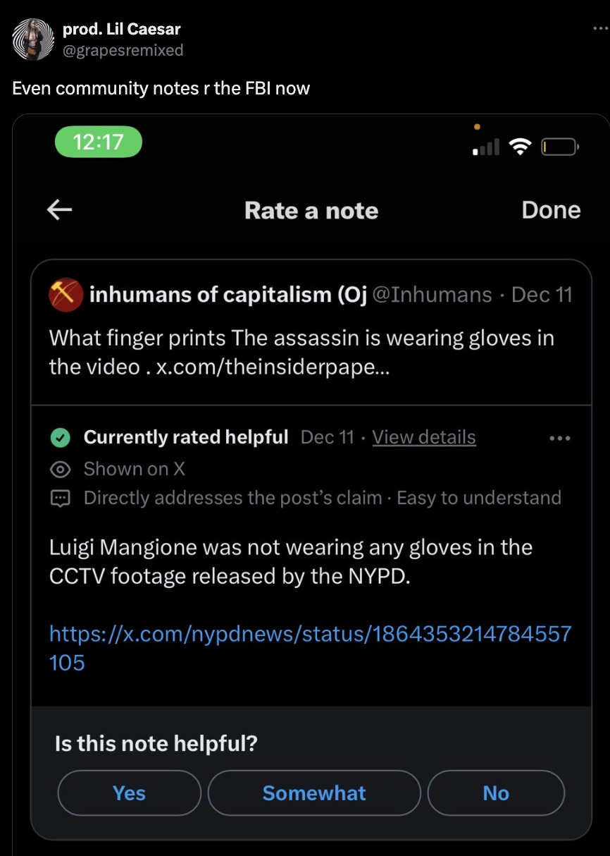 screenshot - prod. Lil Caesar Even community notes r the Fbi now Rate a note 8 Done inhumans of capitalism Oj Dec 11 What finger prints The assassin is wearing gloves in the video. x.comtheinsiderpape... Currently rated helpful Dec 11 View details Shown o